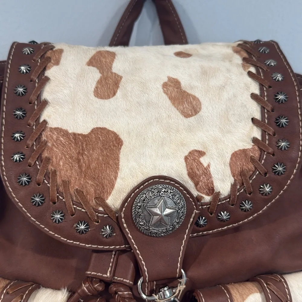 Cream and Brown Genuine Cowhide Leather Western Backpack with Rustic Charm